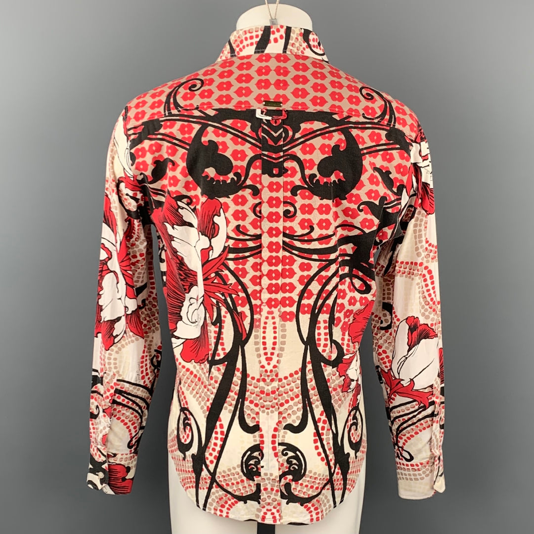 JUST CAVALLI Size XL White & Red Print Cotton Button Up Long Sleeve Shirt