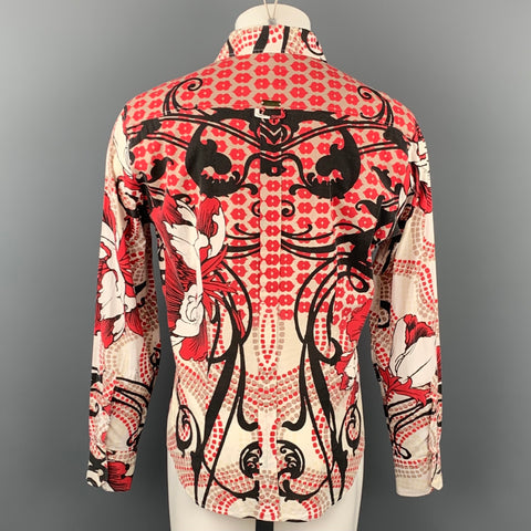 JUST CAVALLI Size XL White & Red Print Cotton Button Up Long Sleeve Shirt