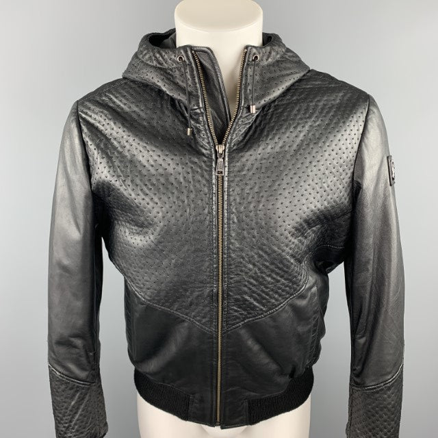 VERSACE JEANS Size 40 Black Stitched Leather Zip Up Jacket