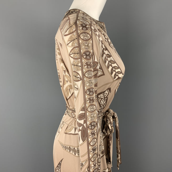 EMILIO PUCCI Vintage Size 8 Taupe Print Silk Long Sleeve Shift Dress