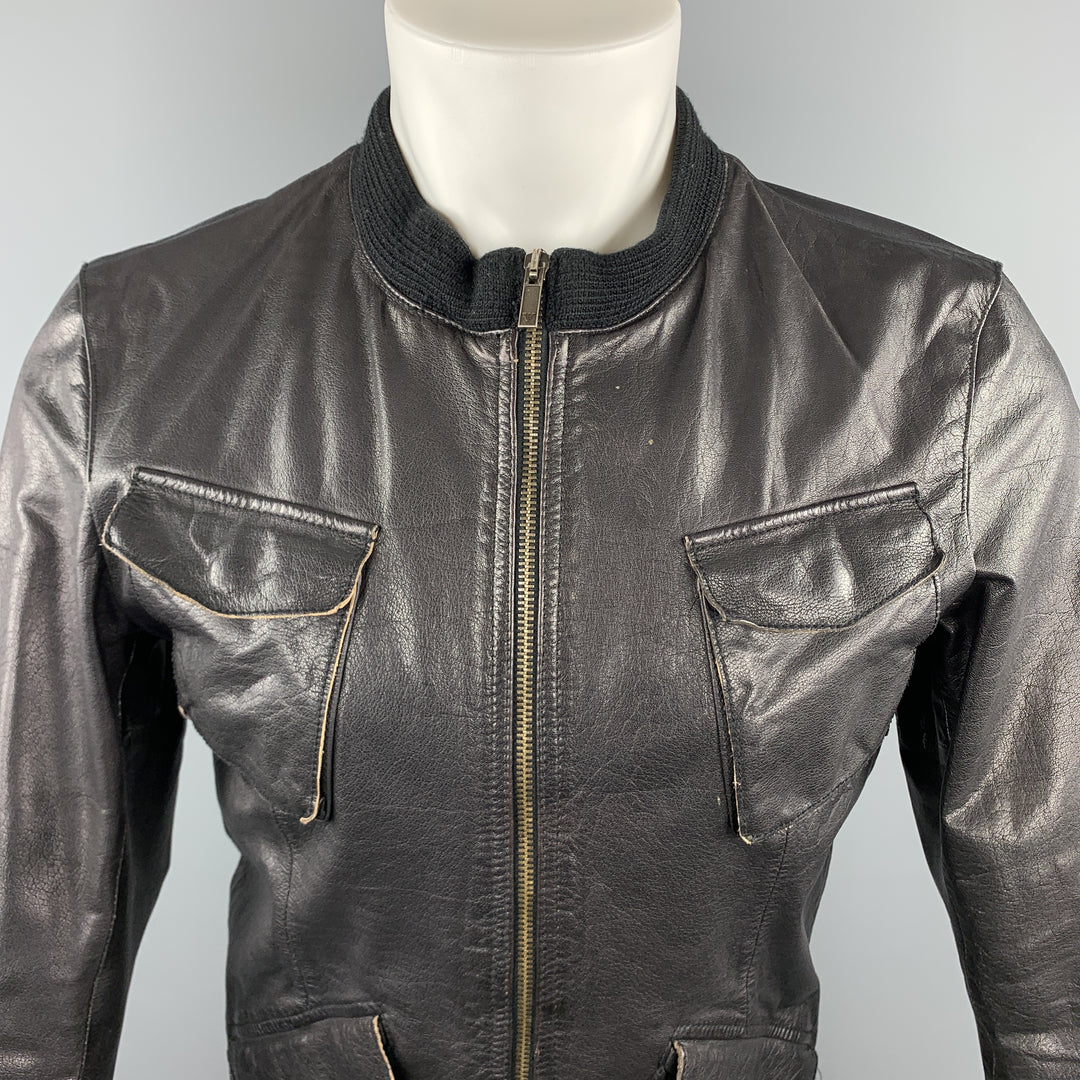 EMPORIO ARMANI Taille S Veste en cuir noir avec poches plaquées zippées et en détresse