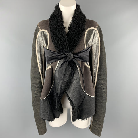 RICK OWENS Size 10 Gray Metallic Leather Patchwork Shearling Collar Tied Jacket