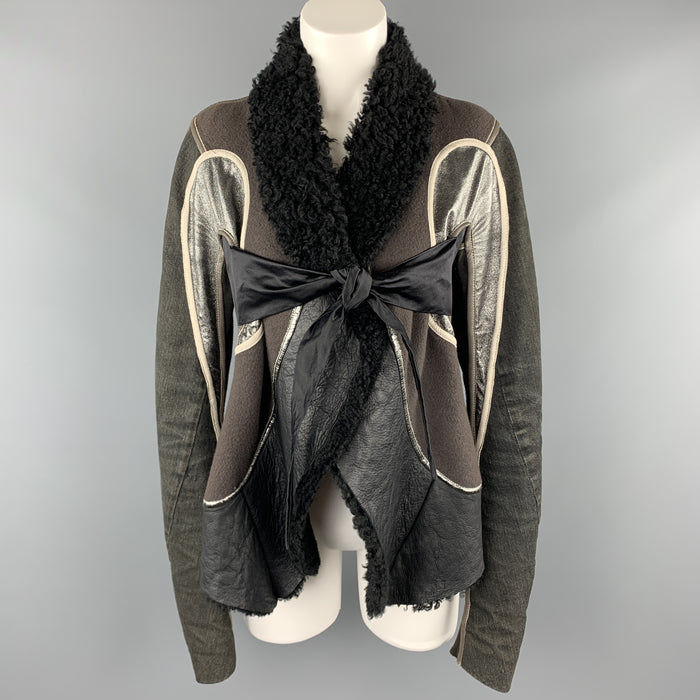 RICK OWENS Size 10 Gray Metallic Leather Patchwork Shearling Collar Tied Jacket