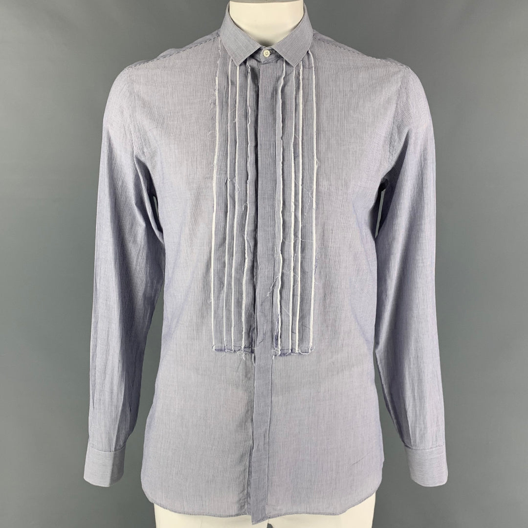 NEIL BARRETT Talla L Camisa de manga larga de corte slim de algodón a rayas azules con bordes sin rematar