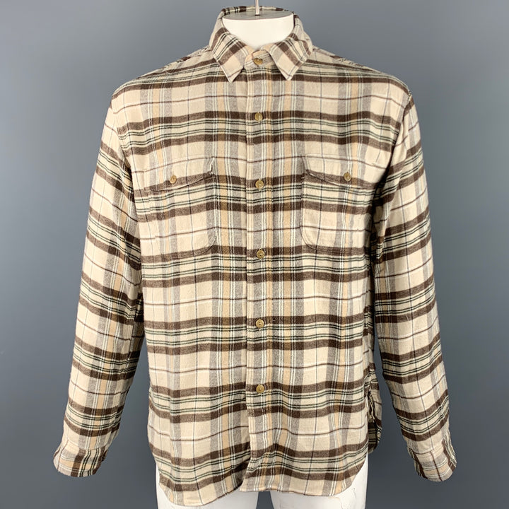 SHUTTLE NOTES Size L Cream & Brown Plaid Brushed Cotton Long Sleeve Shirt