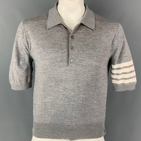 THOM BROWNE Size L Grey White Stripe Wool Buttoned Polo