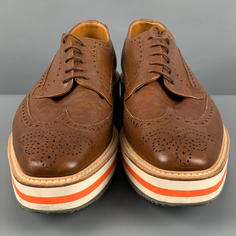 PRADA Size 9.5 Brown Perforated Leather Wingtip Lace Up Shoes