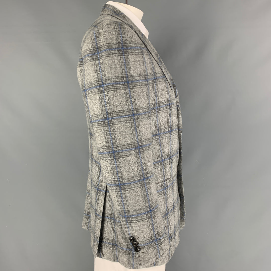 KITON Size 44 Grey Blue Plaid Cashmere Notch Lapel Sport Coat