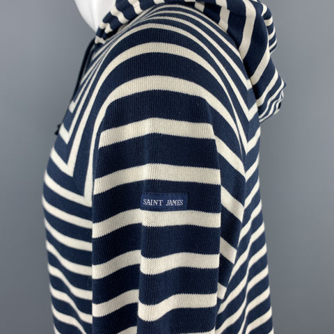 SAINT JAMES Size M Navy & Cream Stripe Cotton Hooded Kangaroo Pockets Sweatshirt