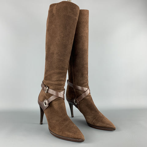 RALPH LAUREN Talla 7 Botas de becerro puntiagudas con correa en el tobillo de ante marrón
