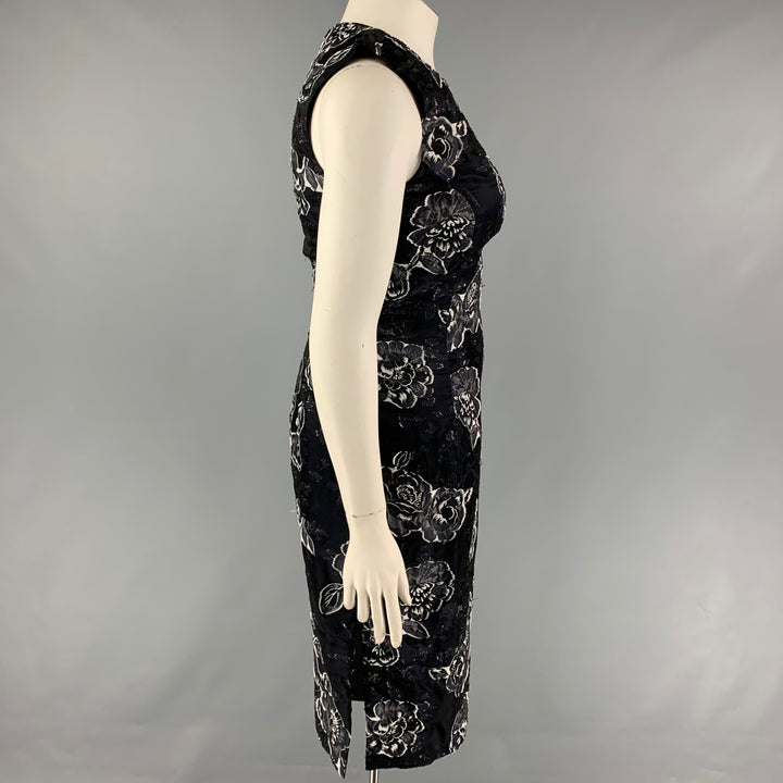 PRABAL GURUNG Size 10 Black Navy Silk Polyester Floral Sleeveless Dress