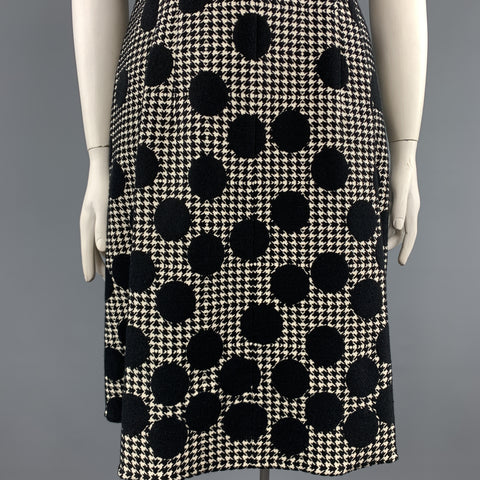 AKRIS Size 12 Black & Beige Polka Dot Houndstooth Belted Shift Dress