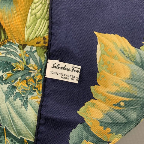 SALVATORE FERRAGAMO Navy Green Bird Print Silk Scarf