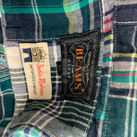 BEAMS Size XL Green Blue White Madras Cotton Long placket Short Sleeve Shirt