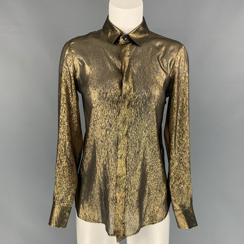 SAINT LAURENT Talla 4 Blusa metalizada de seda / poliéster dorado