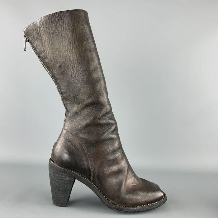 GUIDI Size 7 Brown Leather Horsehide Heeled Peep Toe Boots