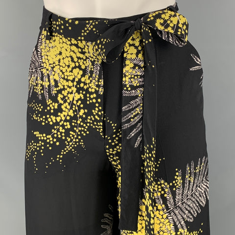 VALENTINO Size 00 Black Yellow Silk Floral Wide Leg Casual Pants