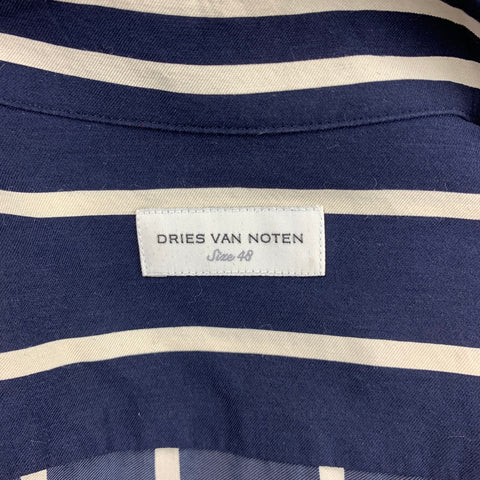 DRIES VAN NOTEN Size S Navy & Cream Vertical Stripe Viscose Blend Button Up Short Sleeve Shirt