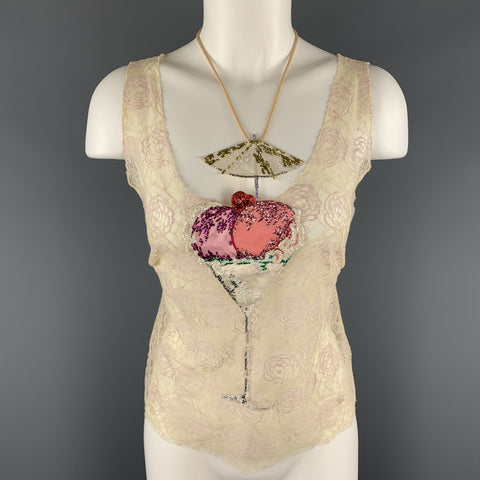 CHANEL Talla 10 Top de crucero de Martini con helado de encaje beige y purpurina 2004