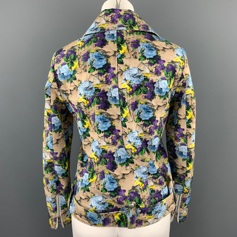 MSGM Size 4 Khaki & Purple Floral Cotton Biker Jacket
