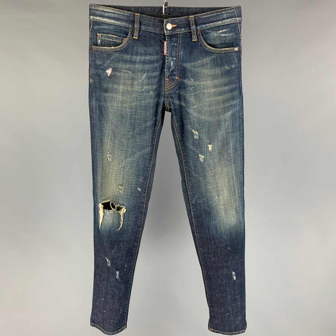 DSQUARED2 Size 30 Indigo Paint Splatter Cotton Skinny Jeans