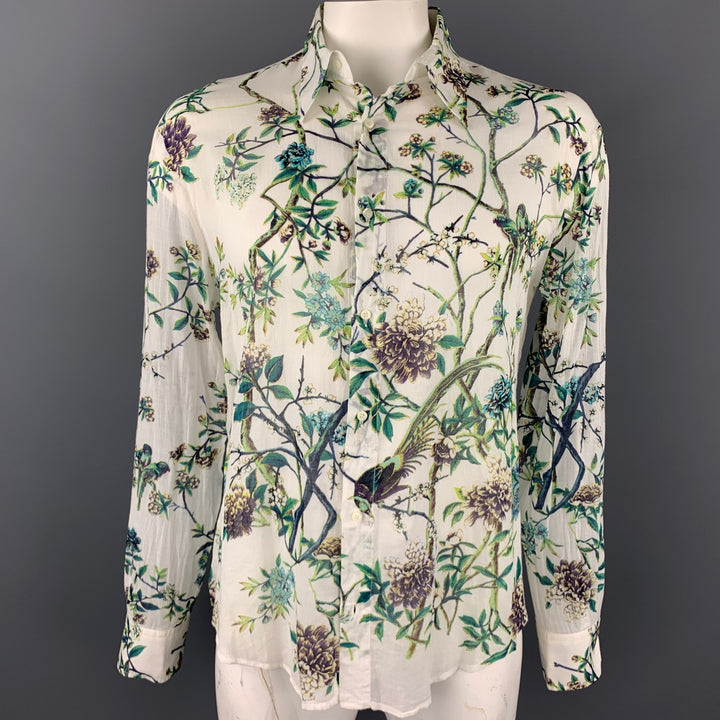JUST CAVALLI Size XXL White & Green Floral Print Cotton Button Up Long Sleeve Shirt