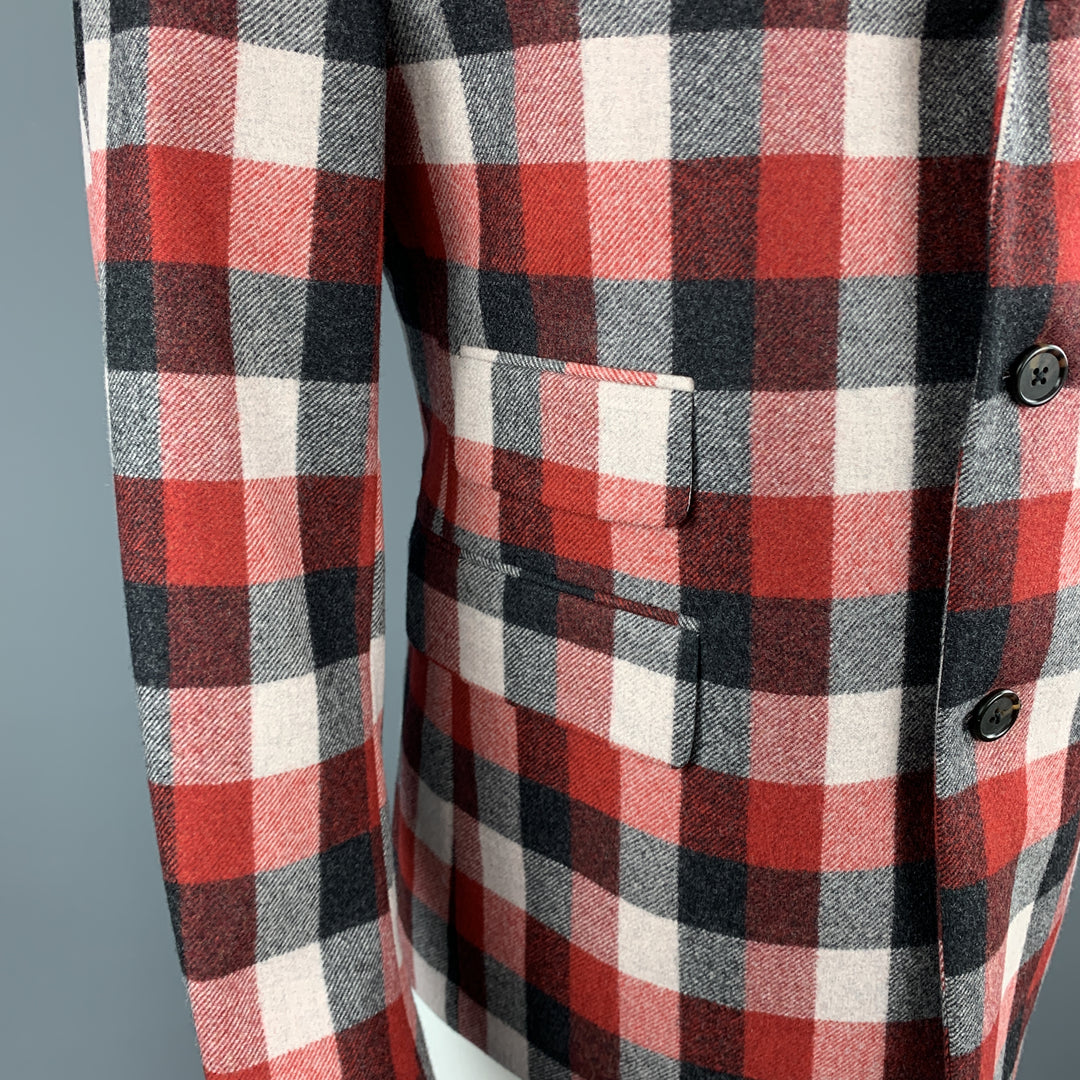 BLACK FLEECE Size 38 Notch Lapel Red Checkered Plaid Wool Sport Coat