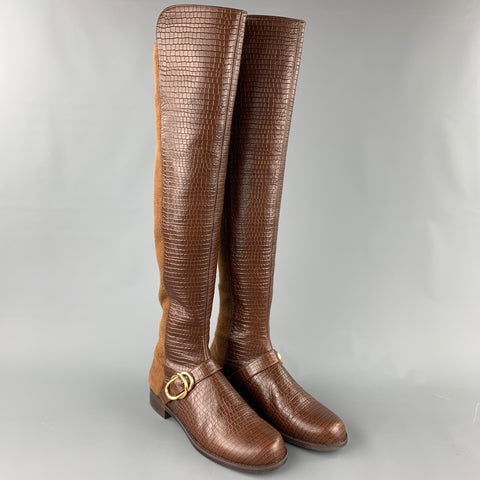 STUART WEITZMAN Talla 9.5 Botas de cuero repujado marrón y coñac