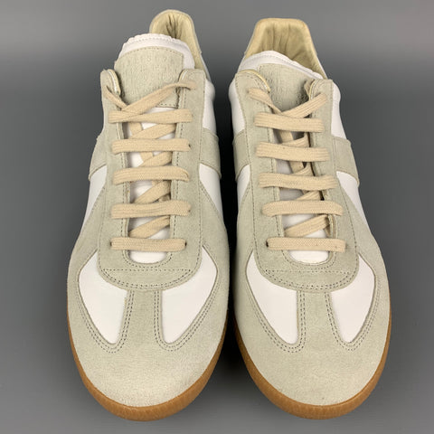 MAISON MARGIELA Talla 11 Zapatillas réplica de cuero con cordones y bloques de color blanco