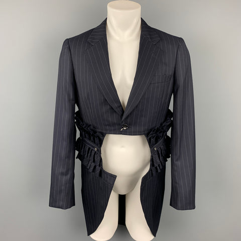COMME des GARCONS HOMME PLUS Size M Navy Stripe Ruffle Cut Out Notch Lapel Coat