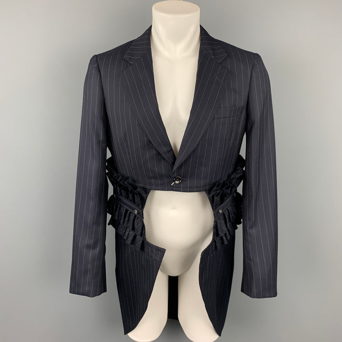 COMME des GARCONS HOMME PLUS Size M Navy Stripe Ruffle Cut Out Notch Lapel Coat