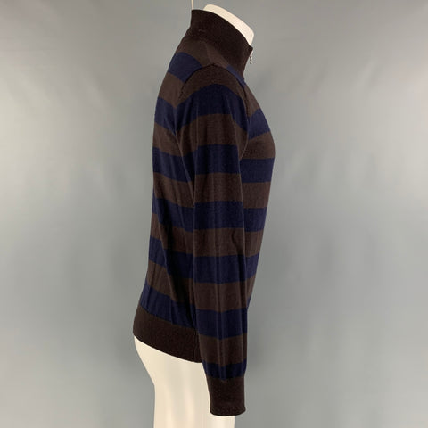 PAUL SMITH Size M Brown Navy Stripe Merino Wool Zip Up Cardigan