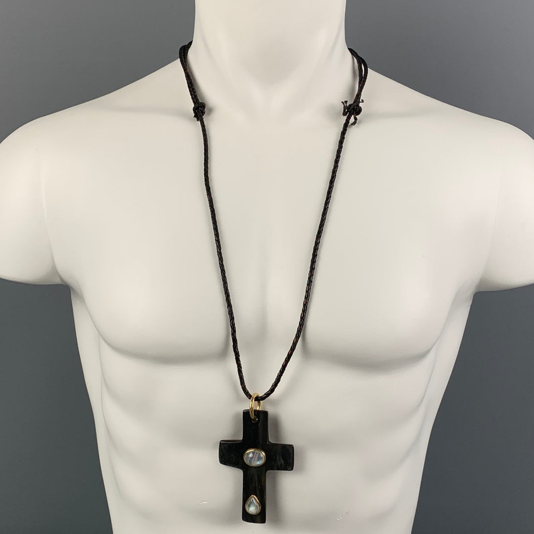HENRY BEGUELIN Black Gold Leather Horn Cross Necklace