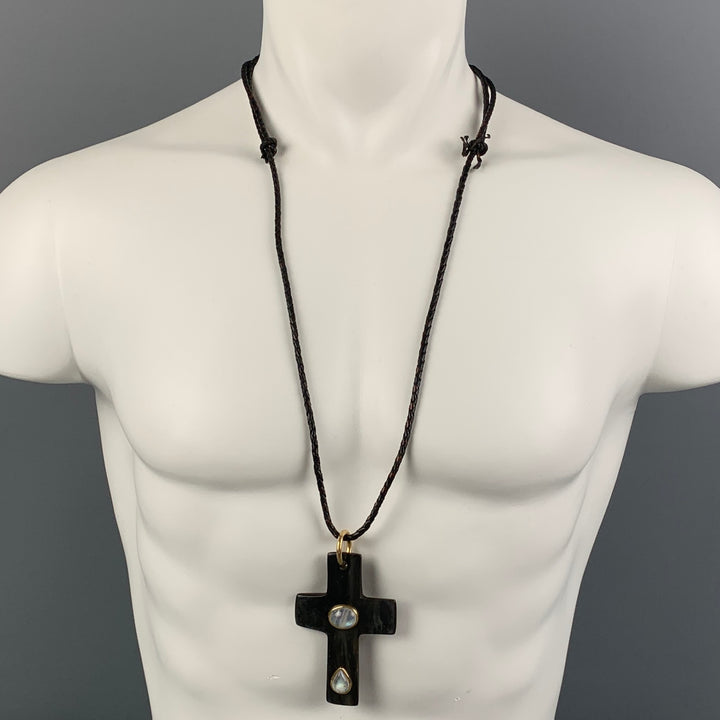 HENRY BEGUELIN Black Gold Leather Horn Cross Necklace