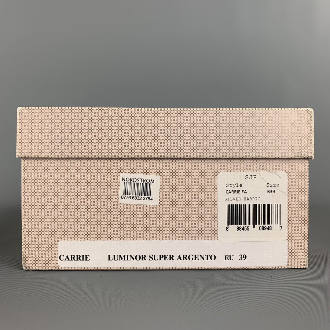 SJP Size 9 Silver Metallic Fabric T- Strap Carrie Pumps