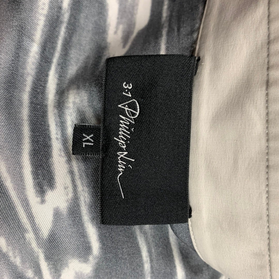 3.1 PHILLIP LIM Size XL Black & Light Grey Print Silk / Cotton Long Sleeve Shirt