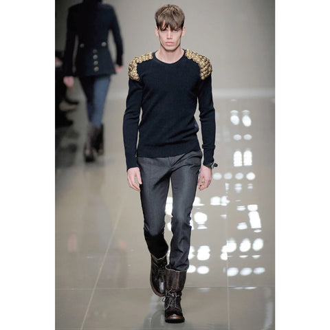 BURBERRY PRORSUM Fall Winter 2010 Size XS Navy Knitted Wool Crew-Neck Gold Tone Button Epaulettes Sweater