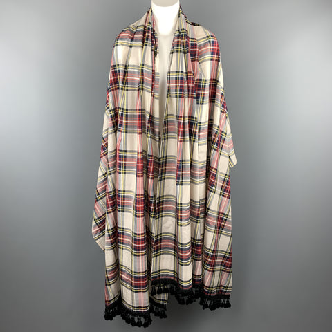 YVES SAINT LAURENT Cream Multi Color Plaid Taffeta Fringe Shawl