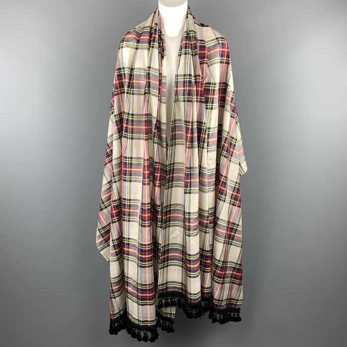 YVES SAINT LAURENT Cream Multi Color Plaid Taffeta Fringe Shawl