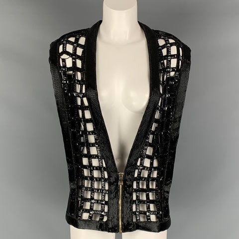 BALMAIN Size S Black Silk Beaded Zip Up Vest