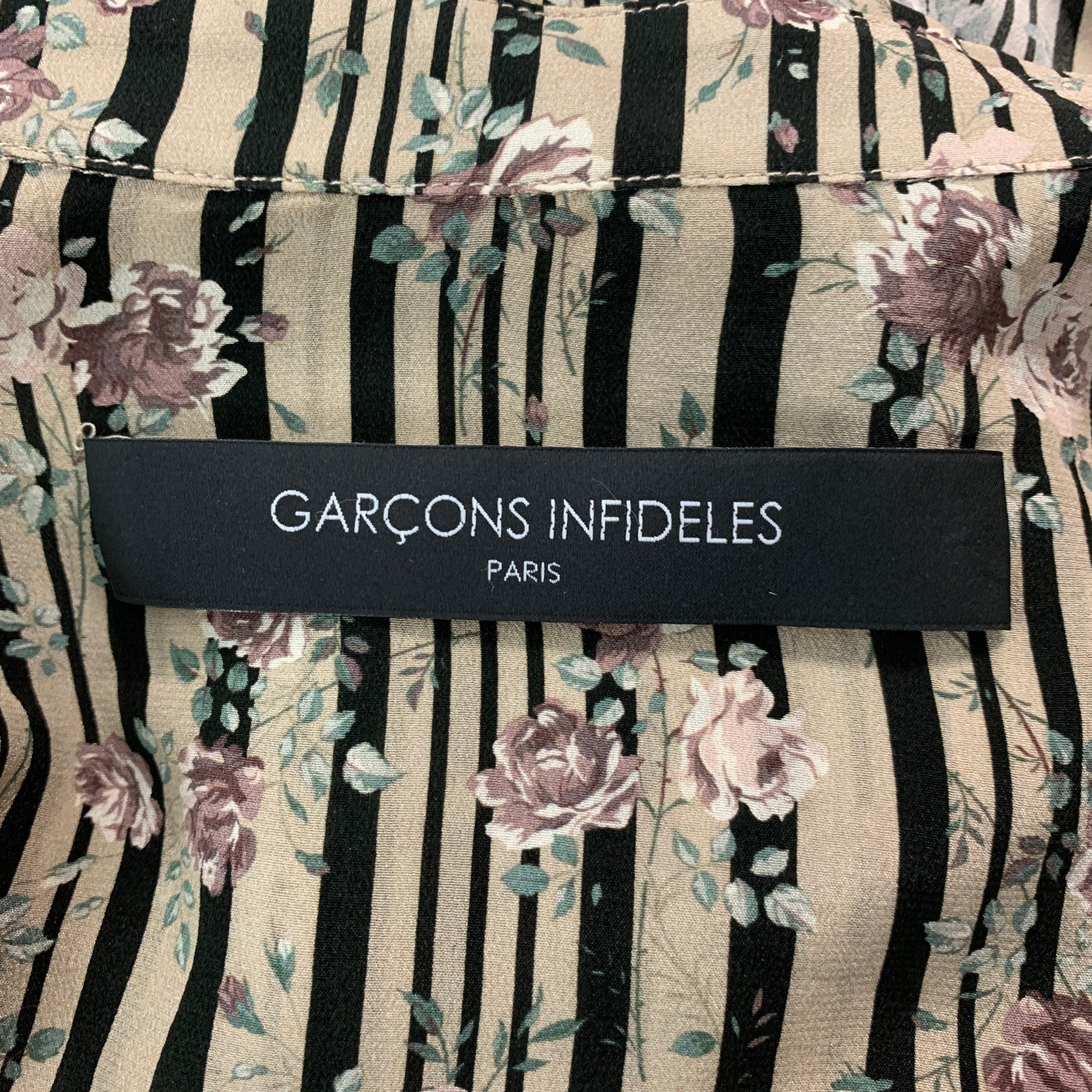 GARCONS INFIDELES Size XXL Beige Black Floral Silk Button Up Long Sleeve  Shirt