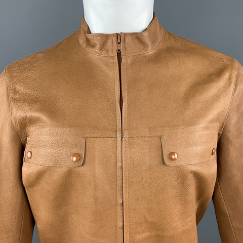 MIU MIU Size S Tan Textured Leather High Collar FLap Pocket Jacket