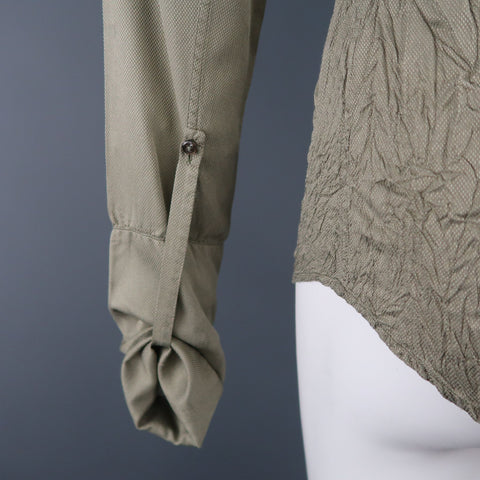 ROBERTO CAVALLI Olive Nailhead Cotton Wrinkled Gathered Waist Long Sleeve Shirt