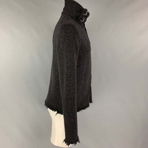 YVES SAINT LAURENT Size S Charcoal Wool Hook Eye Closure Frayed Hem Cardigan