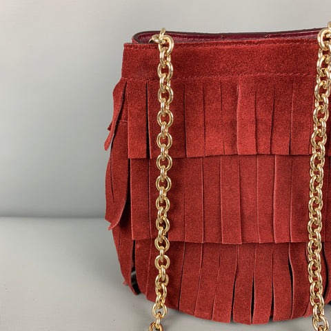 BURBERRY Burgundy Fringe Suede Cross Body Handbag