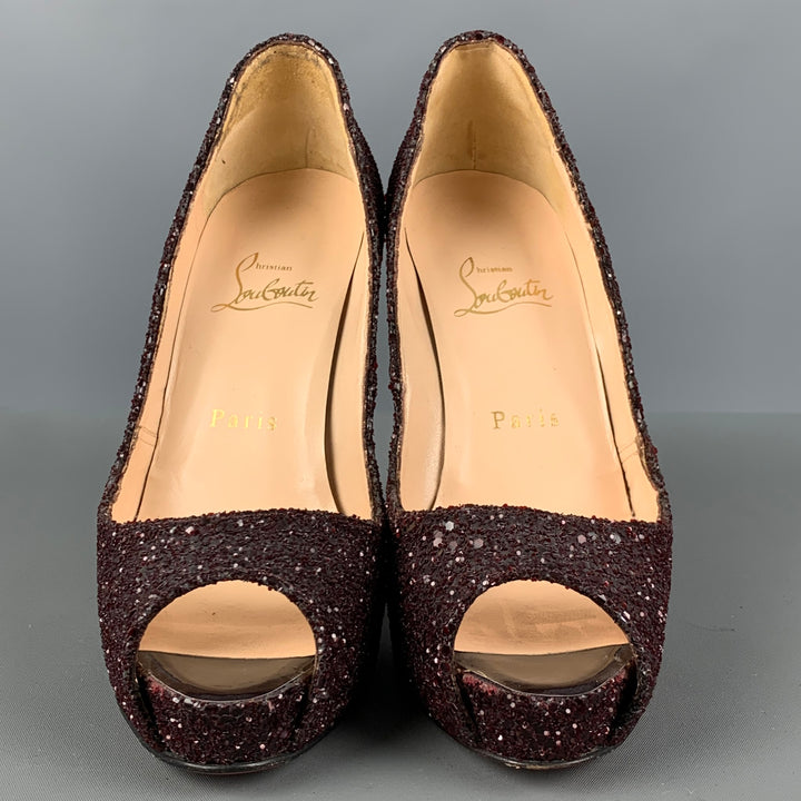 CHRISTIAN LOUBOUTIN Size 6.5 Burgundy Glitter Peep Toe Pumps