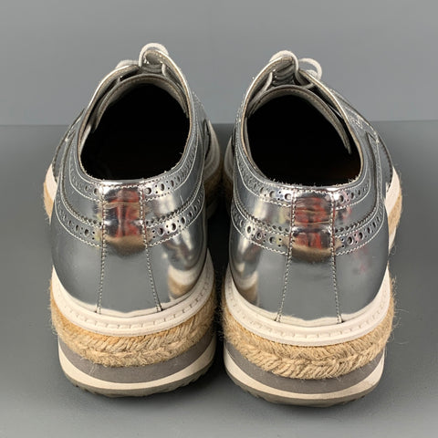 PRADA Size 10 Silver Perforated Leather Platform Lace Up Shoes