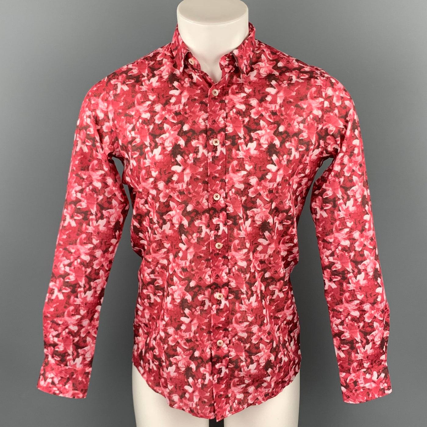 TWEEN Smart Chic Size XS Red & White Floral Cotton Slim Fit Long Sleeve Shirt
