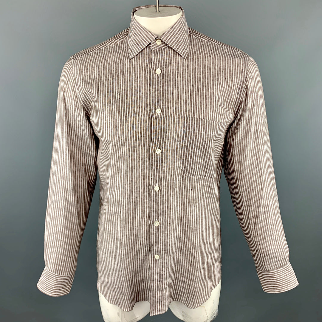 CANALI Size M Brown Stripe Linen Spread Collar Pocket Long Sleeve Shirt