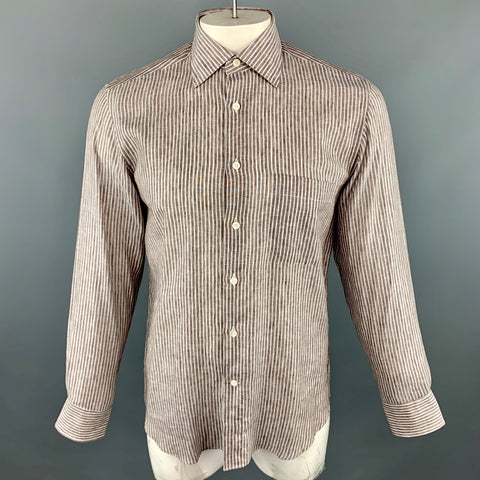CANALI Taille M Chemise à manches longues en lin à rayures marron avec poche à col écarté